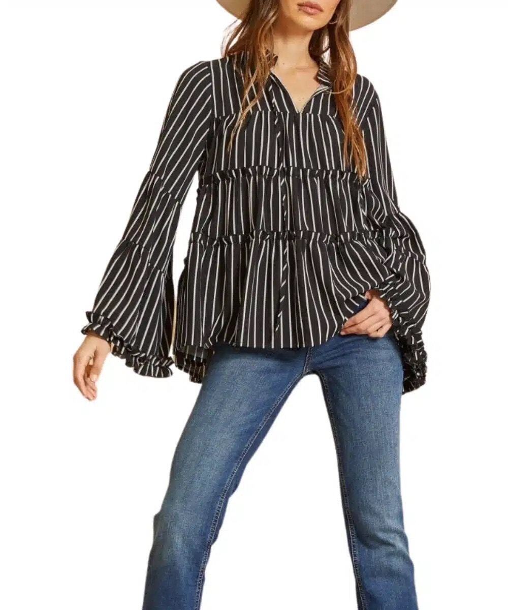 Savanna Jane Small NWT Black & White Stripe Tiered Blouse Tie Neck bell sleeves